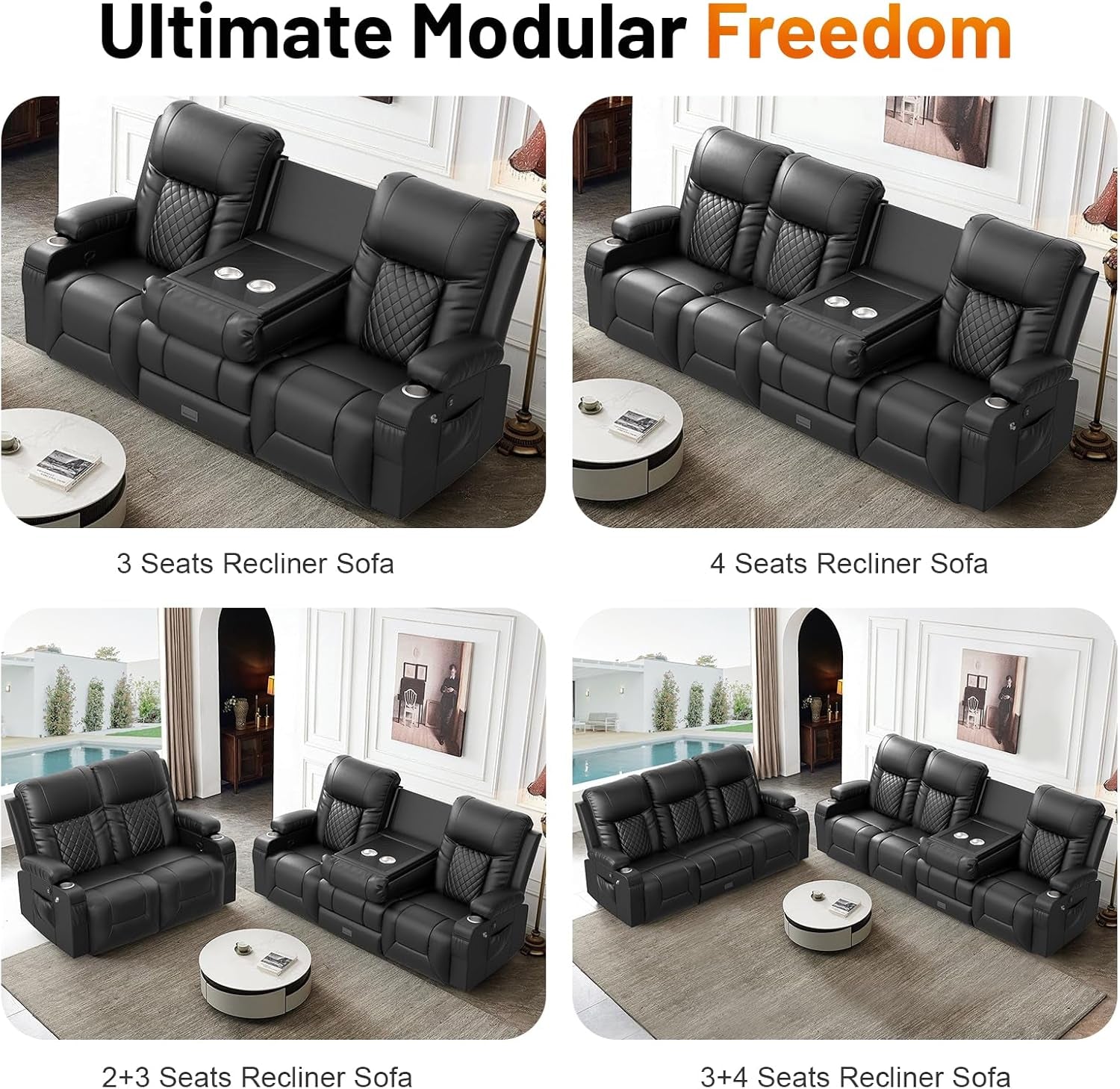 Recliner Sofa, 4 Seater Dual Reclining Sofa with Flip Back Console, Modern PU Leather Recliner Couch for Living Room/Rv, with Storage Drawer, USB Ports, Cup Holder, Cell Phone Holder, Black