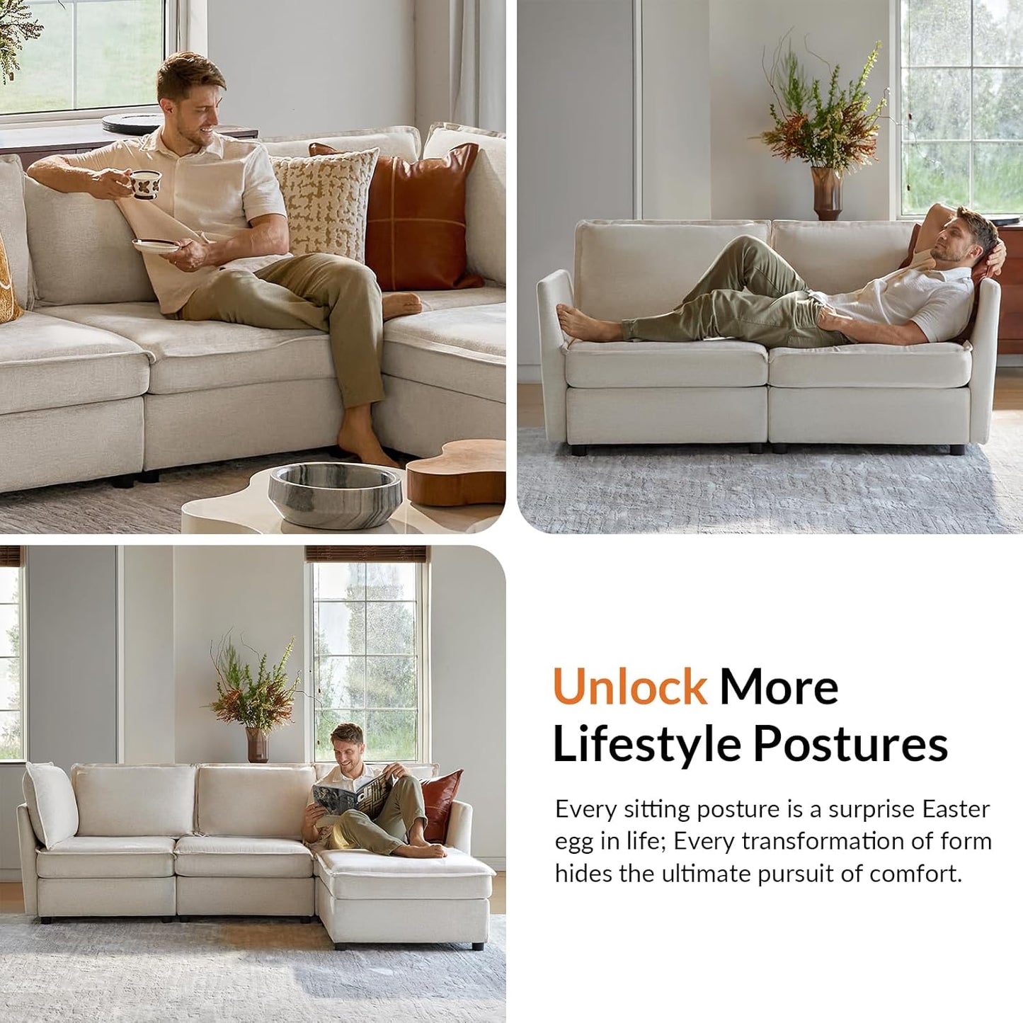 127'' Modular Sectional Sofa, Oversized U Shaped Couch with Storage Ottoman, Comfy Chenille Sofa with Deep Seat, 6 Seat Convertible Couches for Living Room, Beige