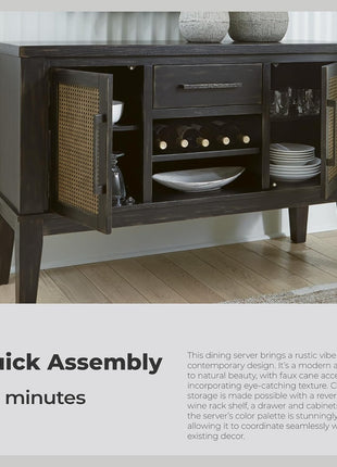 Galliden Urban 2-Door Dining Server by Signature Design by Ashley featuring Reversible Wine Rack Shelf, Adjustable Shelves, and Felt-Lined Drawer in Black and Light Brown