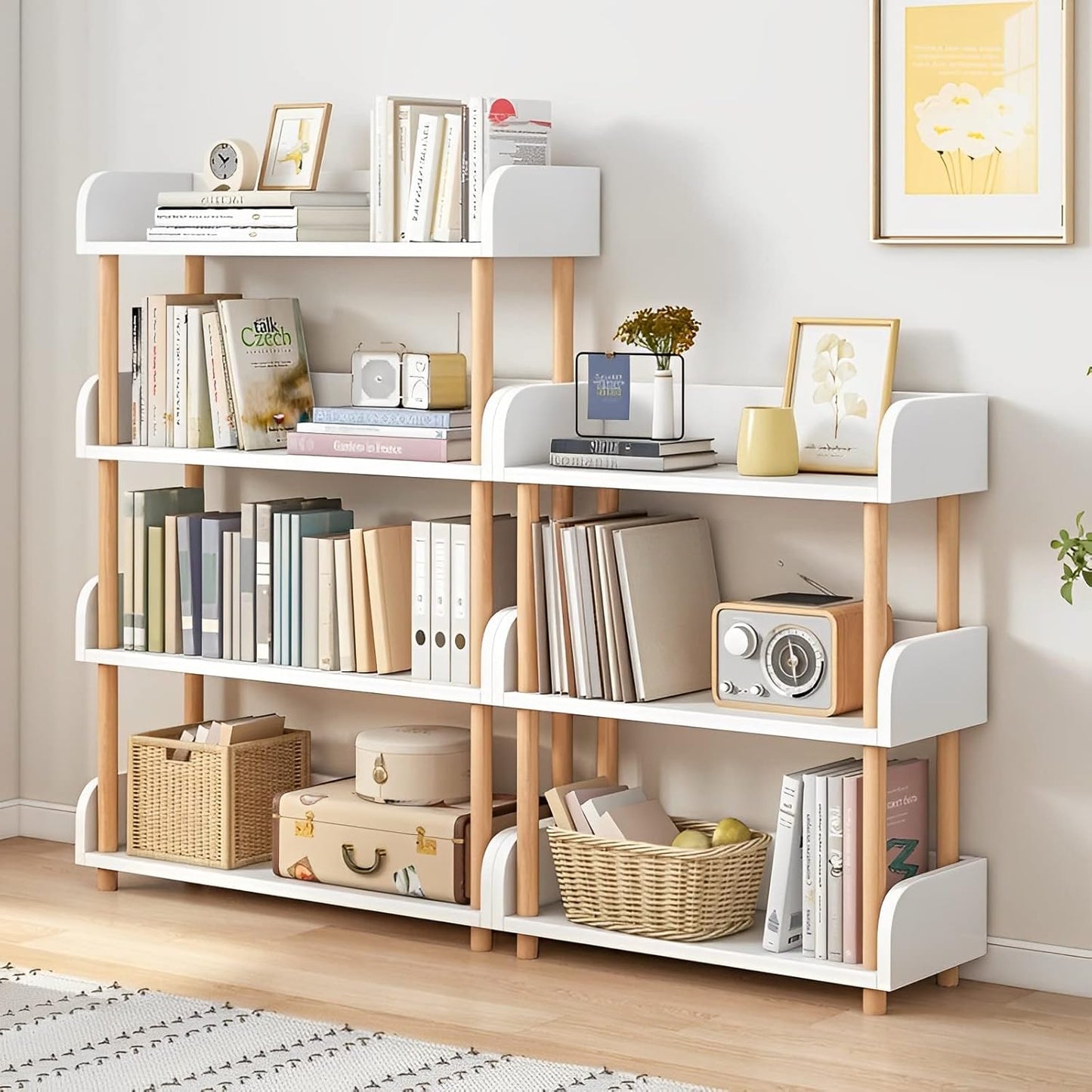 4-Tier Wooden Open Bookcase - Modern Display Bookshelf with Top Edge and Solid Wood Frame for Home and Office, Storage Cabinet, Warm White