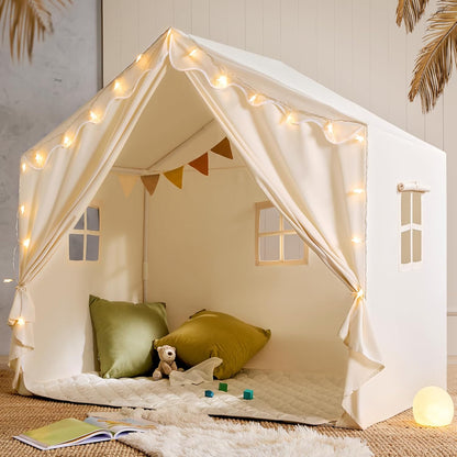 Kids Tent with Mat and Star Lights, Indoor Playhouse for Toddlers, 57"X36"X52" Large Reading Nook for Girls & Boys, Modern Bed Canopy for Kids Room