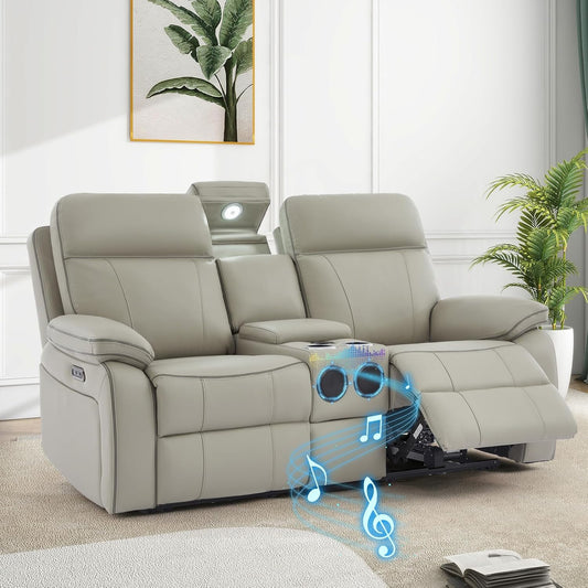 Power Reclining Loveseat with LED Reading Light/Storage Drawer/Bluetooth Speakers, Power Loveseat Recliner Sofa Wall Hugger Reclining Loveseat with Outlets(Grey, 2 Seat with Console)