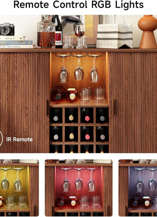 55-Inch Contemporary Wine Bar Cabinet with LED Lighting, Wine Rack, and Glass Holder - Farmhouse Buffet Sideboard for Living Room, Kitchen, and Entryway in Walnut Finish