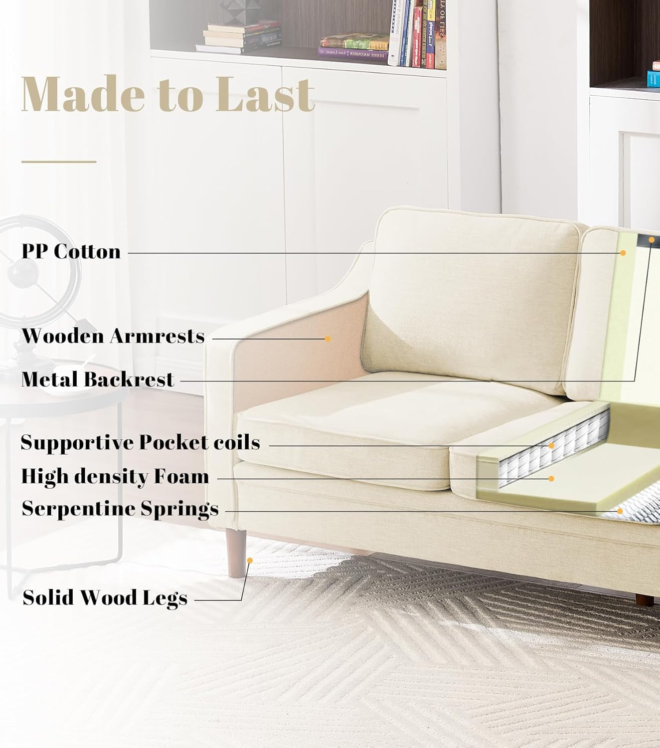 80" Chenille Sofa, 3 Seater Couch, Mid Century Modern Couches with Solid Wood Legs for Living Room & Bedroom, Beige