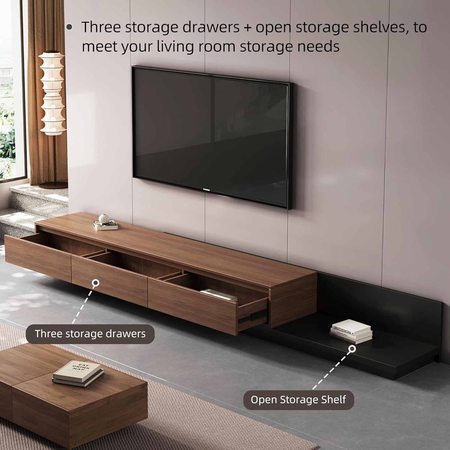 Mid-Century Modern Expandable TV Stand with 3 Drawers – Adjustable Entertainment Center for Living Room & Bedroom (79" to 130"), Stylish Walnut Brown Media Console