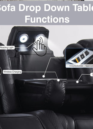Black Leather Power Recliner Sofa with Arm Storage, Power Headrest, and Wireless Charging - Luxurious Living Room Couch with Cup Holders, Breathable Material, LED Lighting, Hidden Outlet, USB, and Type-C Ports