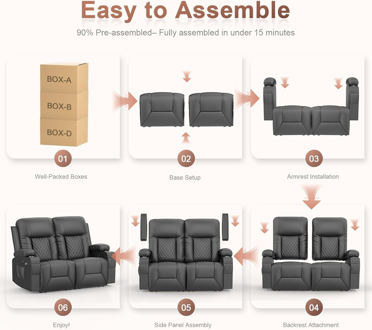 RV Loveseat Recliner Sofa, Reclining Loveseat Wall Hugger Recliners with USB Ports, Cup Holders, Insert Pockets, RV Recliners for Travel Trailers & Living Room, RV Furniture | RV Couch | Gray