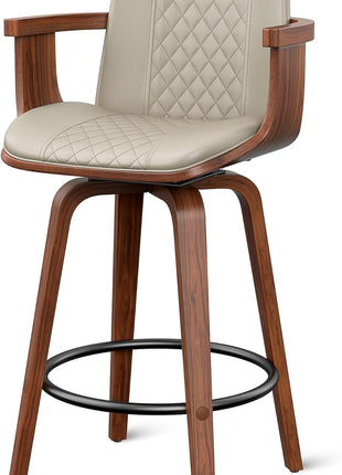 26-Inch Swivel Counter Height Bar Stools with Wooden Legs and Backs, Upholstered PU Leather Bentwood Frame Chairs with Armrests for Kitchen Islands and Dining Rooms in Greige