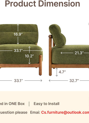 Mid-Century Modern Upholstered Armless Lounge Chair with Wooden Frame and Plush Moss Green Seat for Living Room and Bedroom
