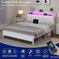 Queen Bed Frames with LED Lights and Charging Station, Metal Platform Queen Size Bed Frame with Upholstered Storage Headboard, Heavy Duty Metal Slat Support, Easy Assembly, White
