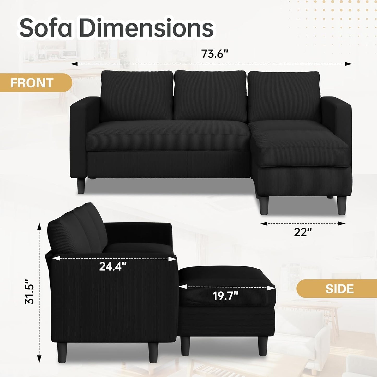 3-Seat Convertible L-Shaped Sectional Sofa with Reversible Ottoman, Upholstered Fabric Couch for Small Living Rooms, Modern Modular Couch for Apartment, Studio & Loft, Black
