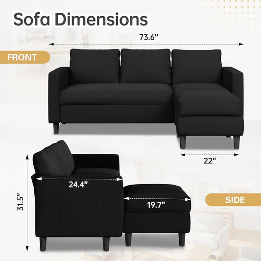 3-Seat Convertible L-Shaped Sectional Sofa with Reversible Ottoman, Upholstered Fabric Couch for Small Living Rooms, Modern Modular Couch for Apartment, Studio & Loft, Black