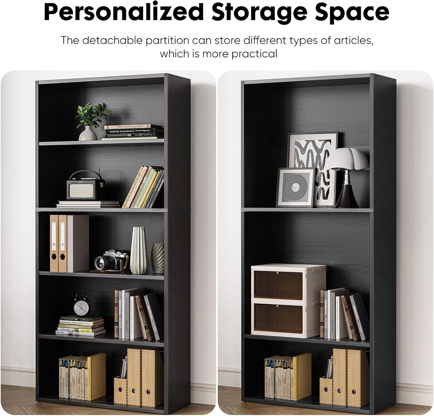 Industrial 5 Shelf Bookcase - Large 53 Inch Tall Floor Standing Open Bookshelf with Anti-Tipping Device for Home Office, Living Room, and Bedroom Storage, Black