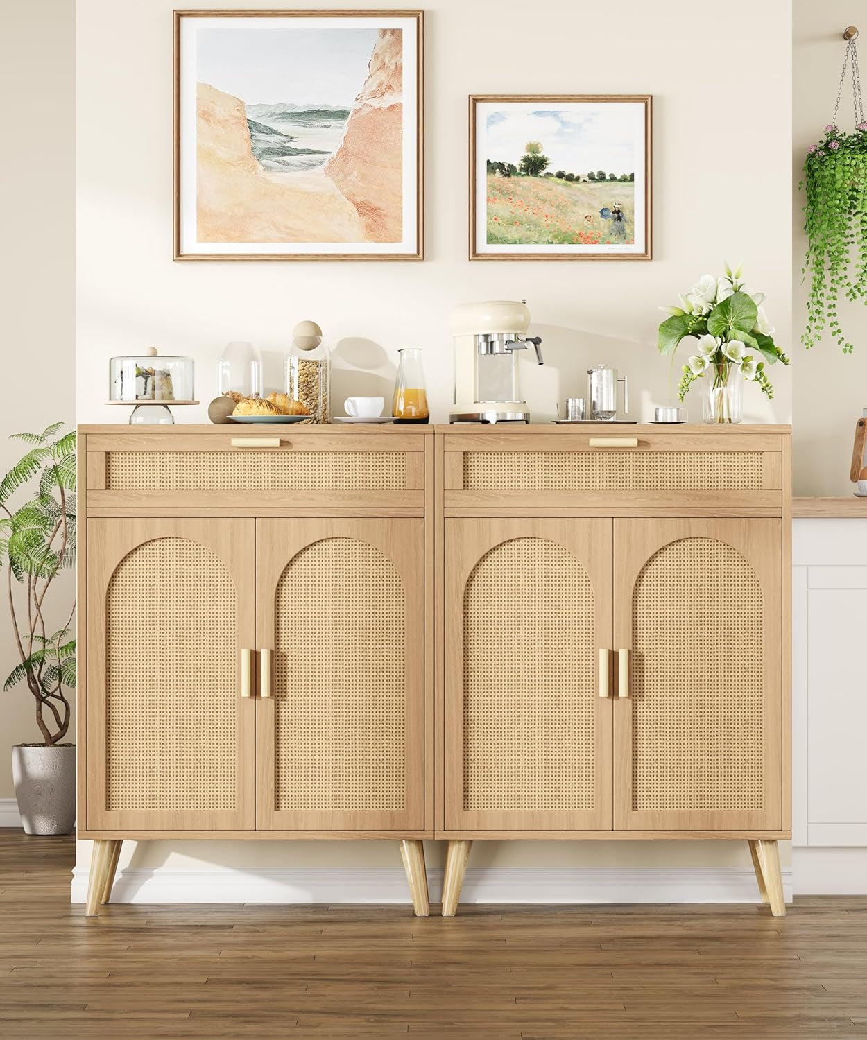 Rattan Buffet Cabinet with Storage, Sideboard with Drawer & Adjustable Shelf, Accent Kitchen Floor Storage Cabinet with 2 Doors & Solid Wood Feet, Coffee Bar for Living Room, Entryway, Natural Oak