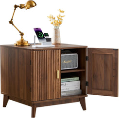 Fluted End Table with Charging Station, Mid Century Modern Nightstand with 2 Doors, Bed Side Table with Storage for Couch,Living Room,Small Spaces, Sofa Side Table for Office,Dorm - Walnut