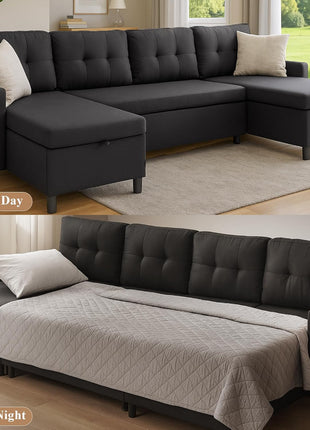Oversized Sectional Sleeper Sofa with Storage Chaise - Comfortable Pull-Out Bed for Living Room in Stylish Black with Double Chaise