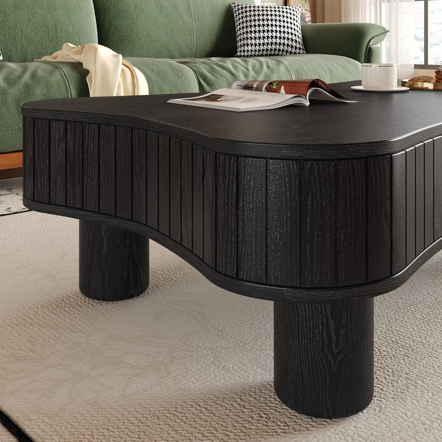 42.52'' Cloud Coffee Table with Lifting Top for Living Room Irregular Coffee Table with Lift Top Modern Smart Coffee Tables with Storage Unique Center Tables Low Pull up Tea Tables Black