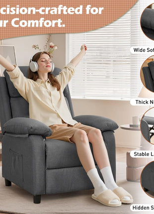 Padded Recliner Chair with Side Pockets for Adults - Compact Living Room Lounge Chair for Small Spaces (Linen)