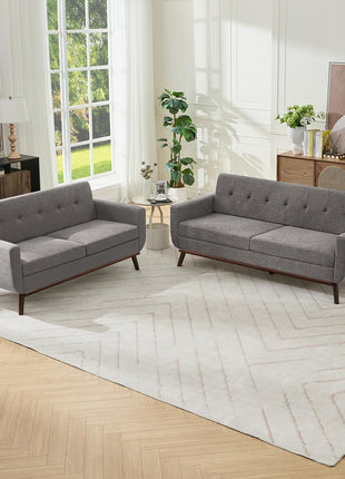 Mid-Century Modern Living Room Furniture Sets - Gray Linen Loveseat and Standard Sofa with Button Tufting