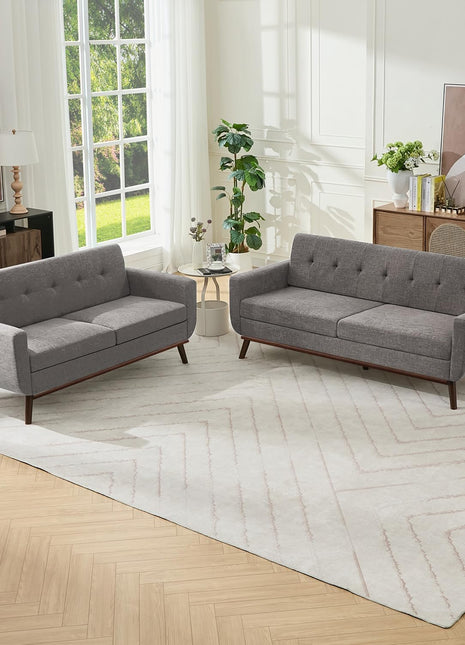 Mid-Century Modern Living Room Furniture Sets - Gray Linen Loveseat and Standard Sofa with Button Tufting
