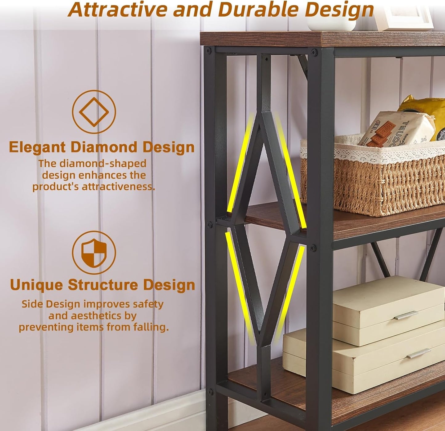 Sofa Console Table, Rustic Console Table with 3-Tier Storage, Engineered Wood Sofa Tables with Open Shelves, Heavy Duty Entryway Tables for Living Room, Hallway (47 Inch, Rustic Brown)