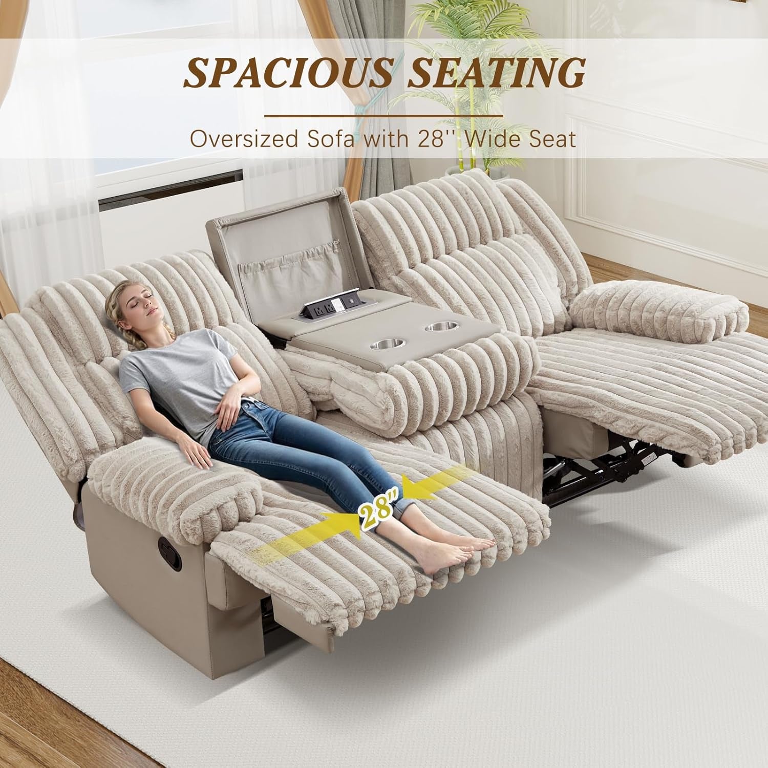 Oversized Reclining Sofa with Flip-Up Middle Backrest, Manual 3 Seater Recliner Sofa, Wall Hugger Recliner Couch with Outlets/Usb Ports for Living Room, Bedroom(Beige, Sofa)