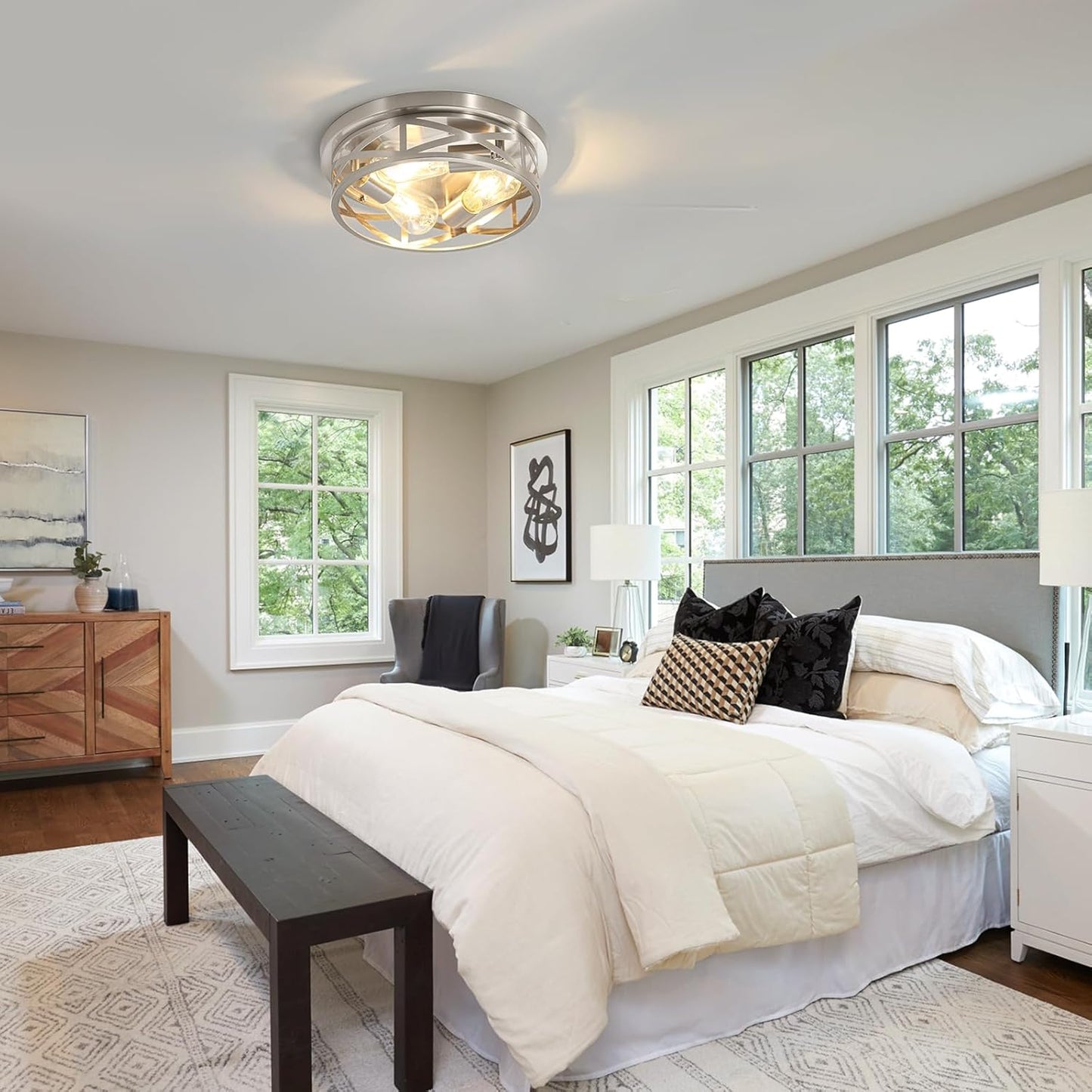 3-Light Close to Ceiling Light Fixtures, 13 Inch Brushed Nickle Flush Mount Ceiling Light Modern Indoor Metal Cage Cross Ceiling Lights for Kitchen Bedroom Laundry Bathroom Foyer Hallway Office