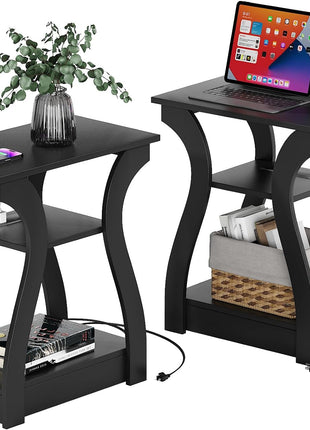 Black End Table Set of Two with Integrated Charging Station, USB Ports, and Outlets, 3-Tier Nightstand with Storage Shelf for Living Room and Bedroom