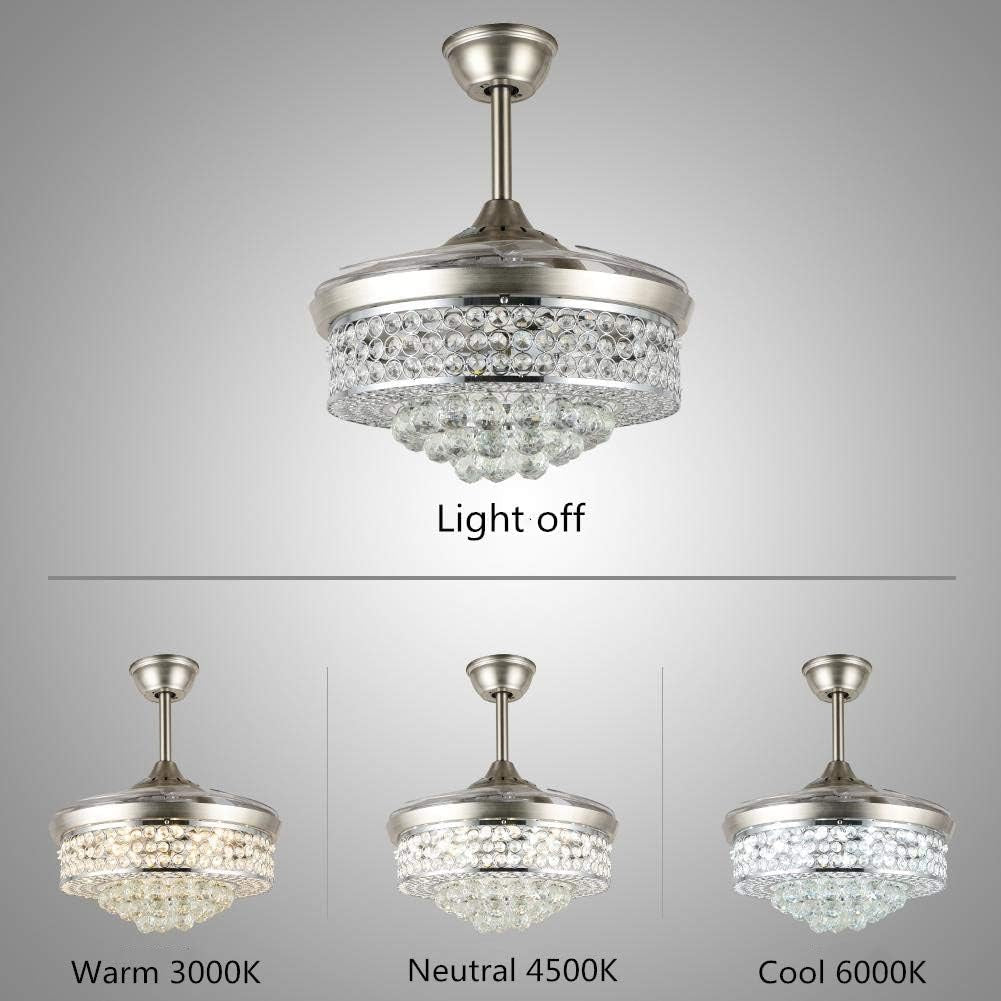 42" Crystal Ceiling Fan with Light Retractable Blades Brushed Nickel Modern LED Chandelier Remote 3 Colors 3 Speeds Change Silent Ceiling Fans Light