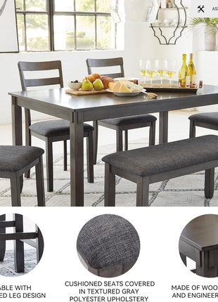 Bridson 6-Piece Dining Table Set by Signature Design by Ashley - Charcoal Gray Wood Table with Upholstered Chairs and Bench for Transitional Dining Spaces
