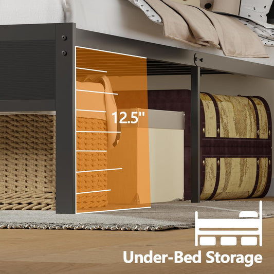 Full Size Bed Frame with LED Light and Charging Station, Wood Storage Headboard with 2-Tier Shelves, Metal Platform Bed with Heavy Duty Slats Support, No Box Spring Needed, Black Oak