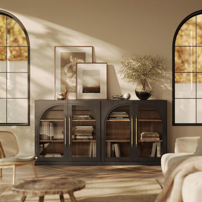 65" Arched Sideboard with Glass Door, Accent Buffet Cabinet with Storage and Adjustable Shelves, Classic Modern Large Console Table for Dining Room Living Room Entryway (Ebony)