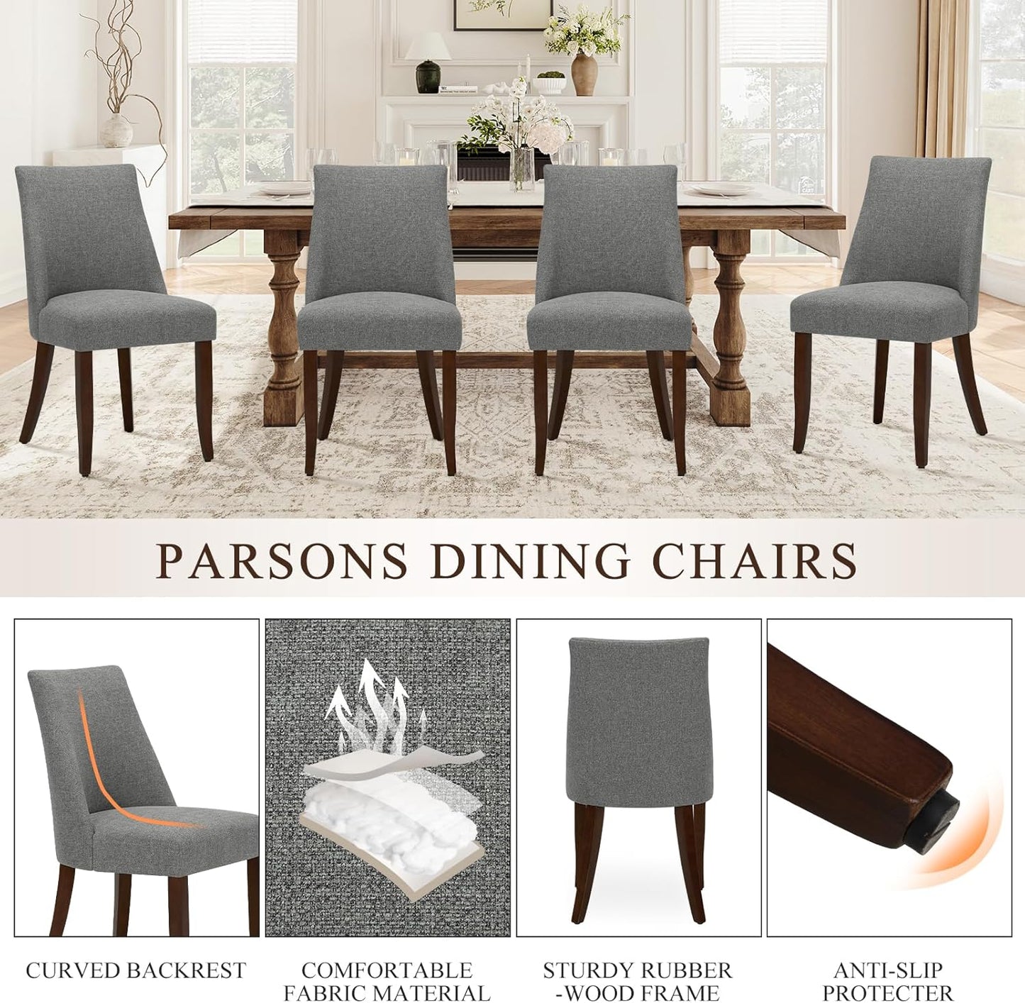 Upholstered Dining Chairs Set of 4, Mid Century Modern Kitchen Chairs with Back, Farmhouse Fabric Side Dining Room Chairs with Wood Legs for Dining Room Restaurant, Light Grey