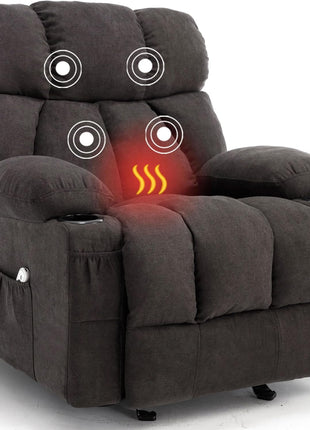 Ergonomic Massage Rocker Recliner Chair with Heat and Vibration - Overstuffed Lounge Chair for Living Room with 4 Side Pockets and 2 Cup Holders in Grey