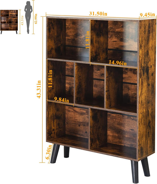 Cube Bookshelf 3 Tier Mid-Century Rustic Brown Modern Bookcase with Legs,Retro Wood Bookshelves Storage Organizer Shelf,Freestanding Open Book Shelves for Bedroom,Living Room,Office