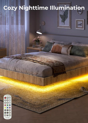 Mid-Century Modern 3-Piece Bedroom Furniture Set with Floating Bed Frame and LED Lights, Includes Bed and Two Nightstands (Queen Size)
