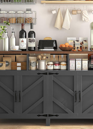 55-Inch Farmhouse Buffet Sideboard with Storage, 4-Door Wood Kitchen Cabinet and Coffee Bar Table with Shelves for Dining Room and Entryway (Black)