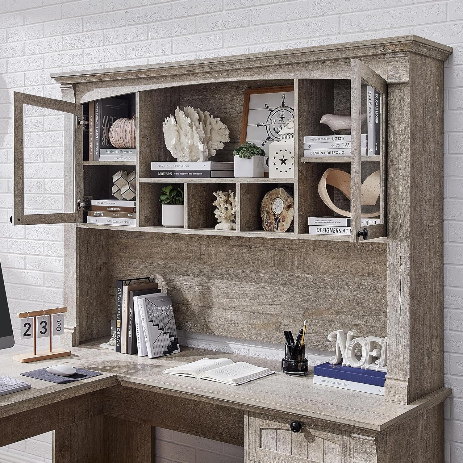 60" L Shaped Executive Desk with Hutch and Drawers, Farmhouse Home Office Desk with Charging Station, File Cabinet Storage, Wood Corner Computer Desk for Work and Study, Light Rustic Oak