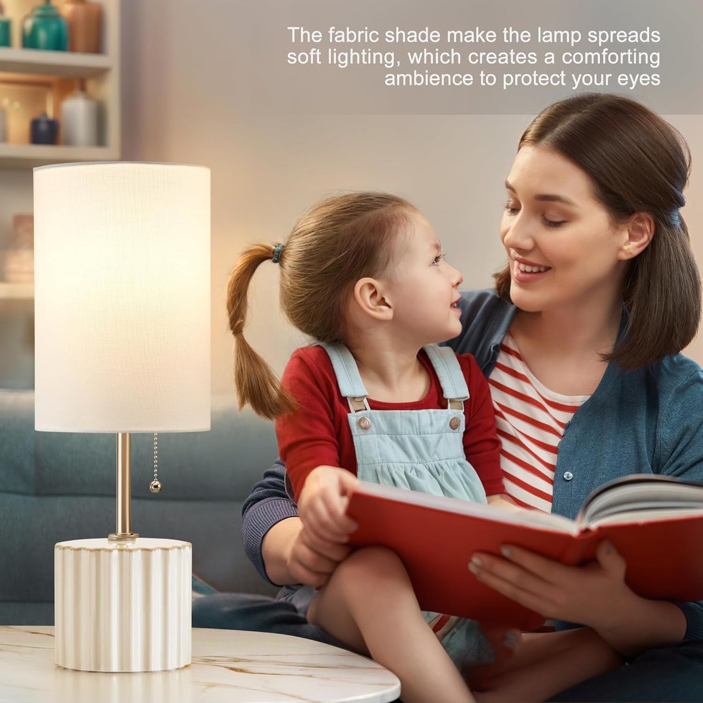 Ceramic Small Table Lamp Set of 2, Adjustable Color Temperature Bedside Nightstand Lamps with Pull Chain for Bedroom Living Room Reading, 2 Bulbs