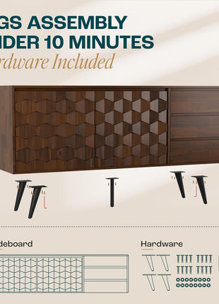 Georgina Solid Wood Sideboard with 2 Doors and 3 Drawers, 61'' Mid-Century Modern Cabinet Featuring Geometric Pattern for Kitchen, Dining, and Living Room