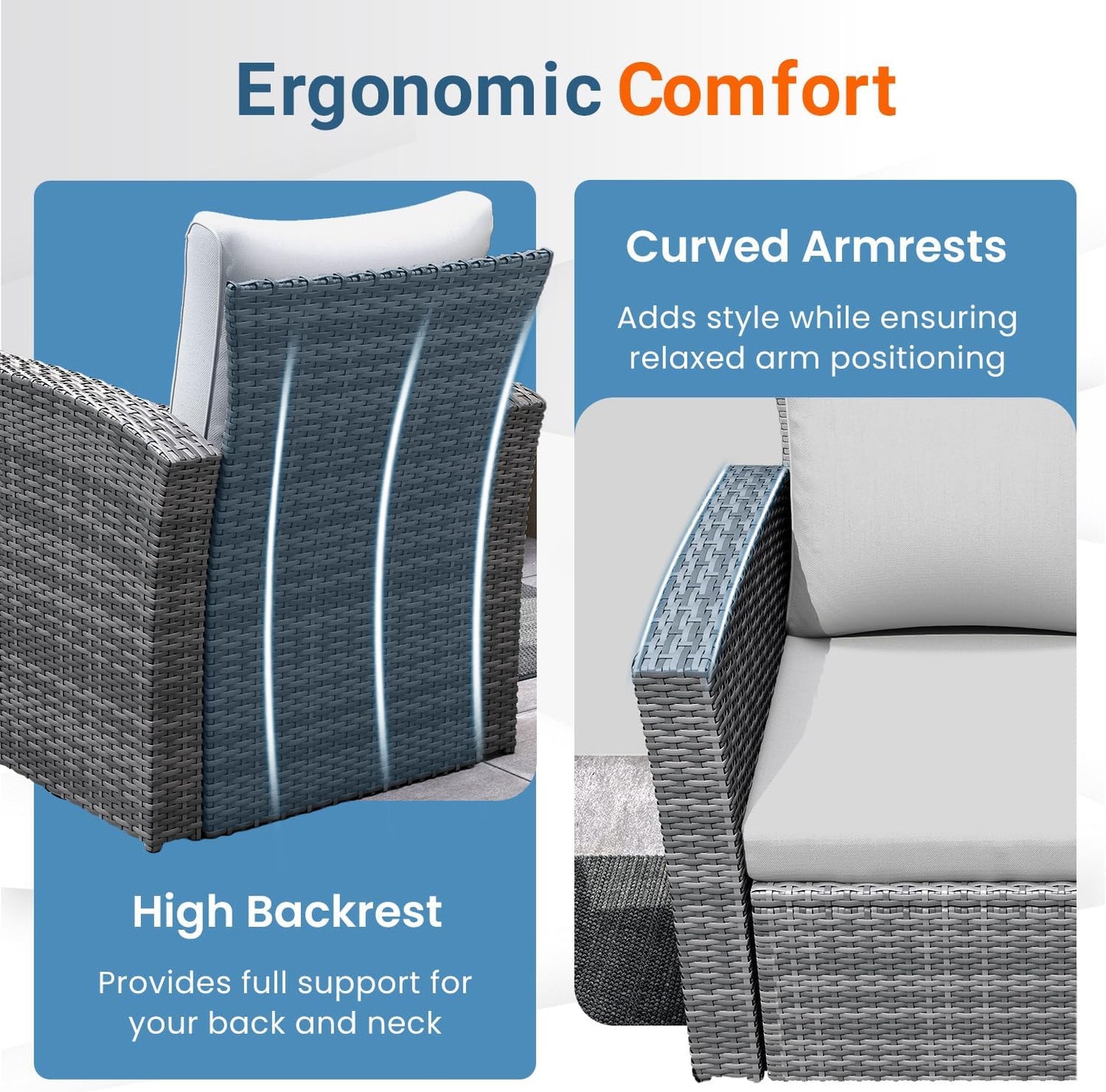 4 Piece Patio Furniture Set, Wicker Outdoor Patio Conversation Furniture Set, All Weather Outdoor Patio Sofa with Cushion and Glass Table, Ash Gray