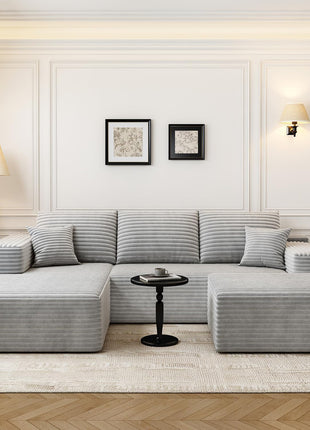 107.5" Cloud Modular Sectional Sofa with Ottoman, Contemporary Minimalist Upholstered Design, Deep Seat U-Shaped Couch for Living Room, No Assembly Required (Grey, Left-Facing Chaise)