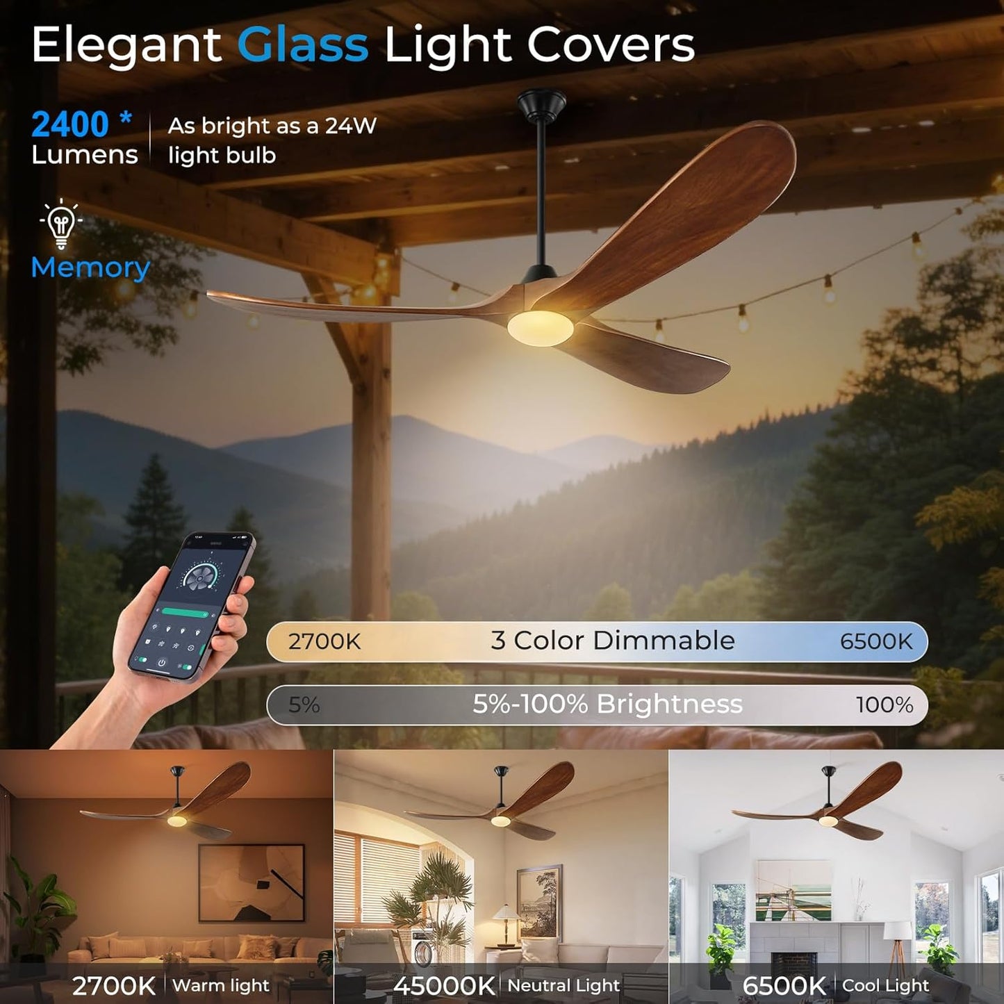 60 Inch Outdoor Ceiling Fan with Light-Glass Lamp, 3 Blade Wood Propeller Ceiling Fans with Lights and Remote Control for Patios, Exterior Damp Rated High CFM Ceiling Fans Modern Smart APP