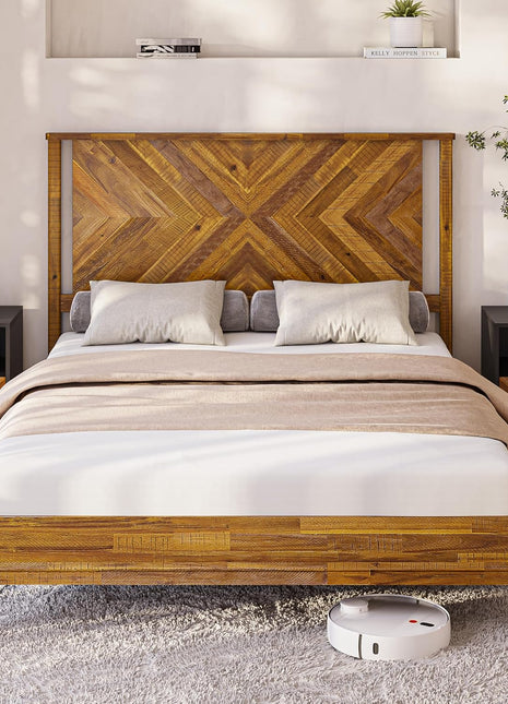 Vivian 14-Inch Deluxe Queen Bed Frame with Headboard, Rustic Scandinavian Design in Solid Acacia Wood, No Box Spring Required, 12 Durable Wood Slat Support, Easy Assembly, Rustic Golden Brown Finish