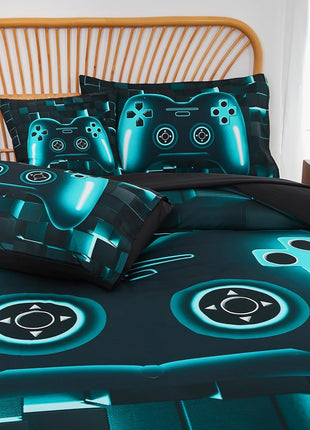 Twin Size 6-Piece Gamer Bedding Set in Teal Blue with 3D Gamepad Design for Boys and Teens