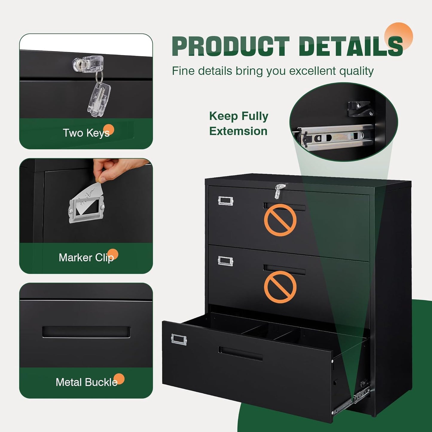 Lateral 3 Drawer File Cabinets with Lock, Metal Filing Storage Vertical Cabinets,Home Office Furniture for Organization Hanging Letter/Legal/F4/A4(Black)