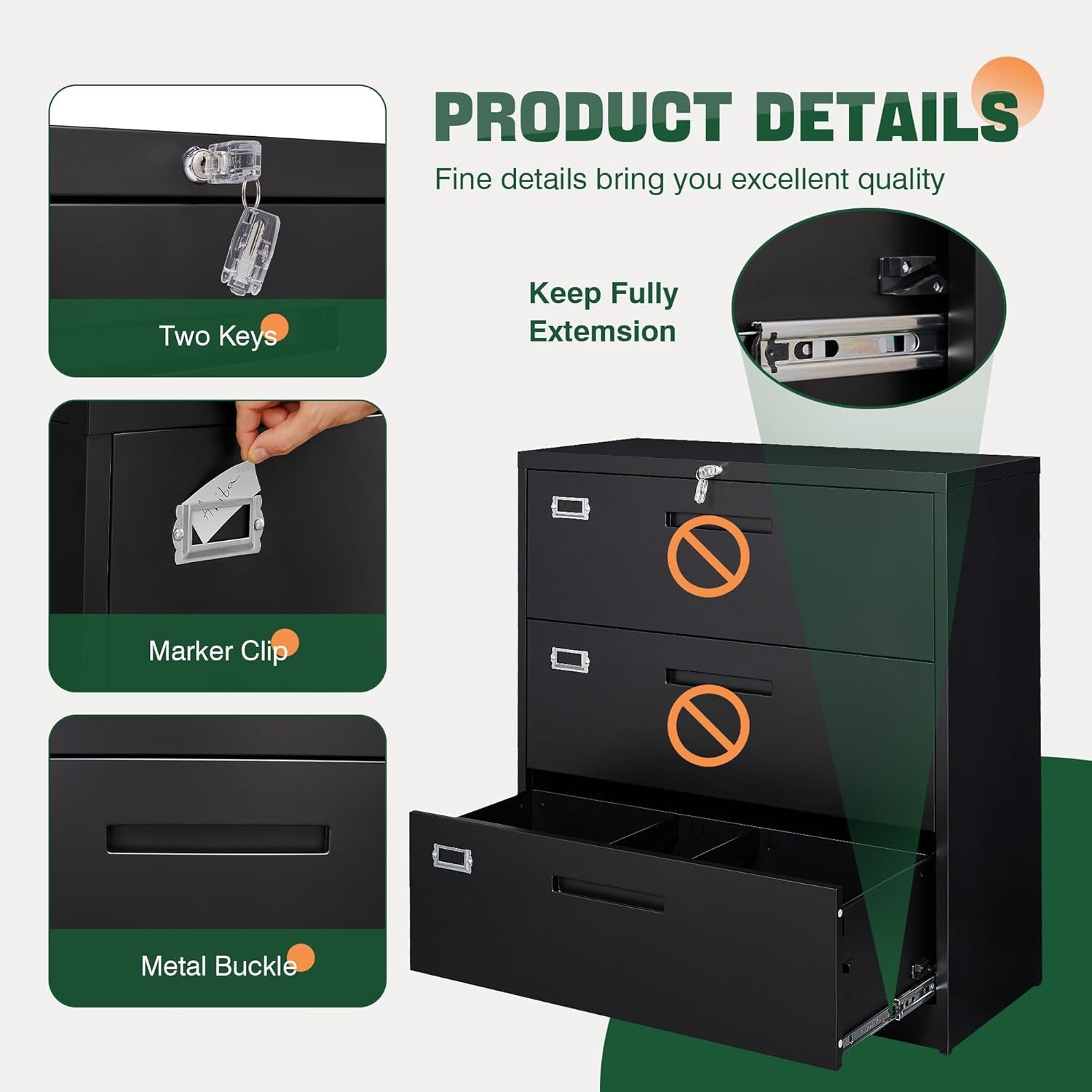 Lateral 3 Drawer File Cabinets with Lock, Metal Filing Storage Vertical Cabinets,Home Office Furniture for Organization Hanging Letter/Legal/F4/A4(Black)