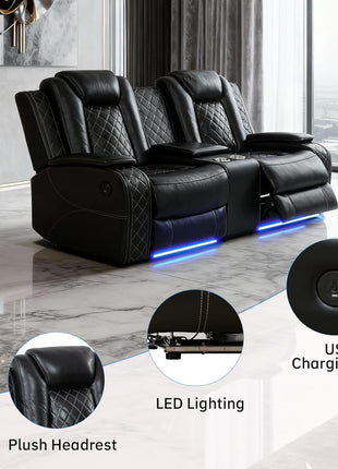 Power Recliner Sectional Sofa Set with LED Lighting, Breathable Leather Upholstery, Storage Console, Cup Holders, Wireless Charging, and Touch Reading Light - 3-Piece Black Sofa for Living Room, Home Theater, and Office