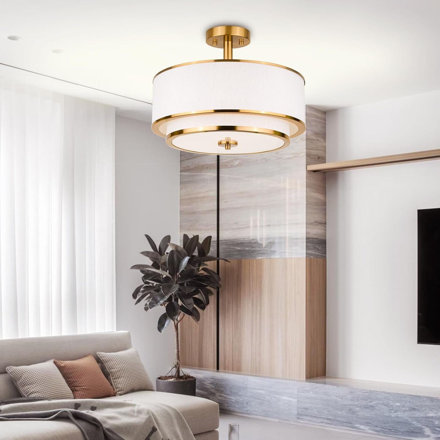 3-Light Semi Flush Mount Ceiling Light, 16" Drum Light with White Fabric Shade, Modern Close to Ceiling Lamp for Living Room Bedroom Dining Kitchen Hallway Entry (Brushed Gold)