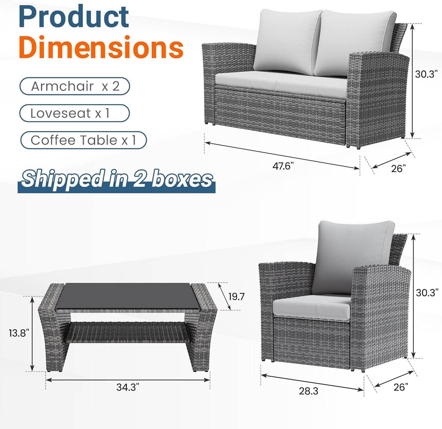 4 Piece Patio Furniture Set, Wicker Outdoor Patio Conversation Furniture Set, All Weather Outdoor Patio Sofa with Cushion and Glass Table, Ash Gray